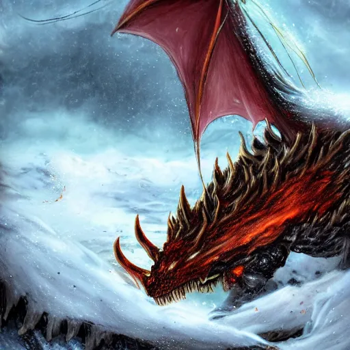 Image similar to fantasy warrior being eaten by a dragon in the snow