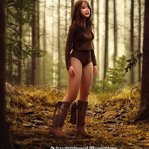 Prompt: real life photo of a beautiful girl, full body photoshoot, long brown hair, brown eyes, full round face, short smile, belly free, brown clothes, forest setting, cinematic lightning, medium shot, mid - shot, highly detailed, trending on artstation, unreal engine 4 k, 8 0 mm, 8 5 mm, cinematic wallpaper