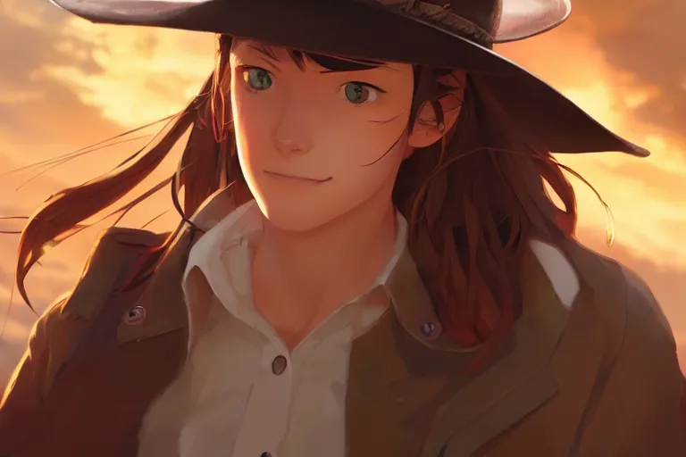 Image similar to western cowgirl, single centered subject, mid shot, ambient lighting, detailed face, by makoto shinkai, stanley artgerm lau, wlop, rossdraws