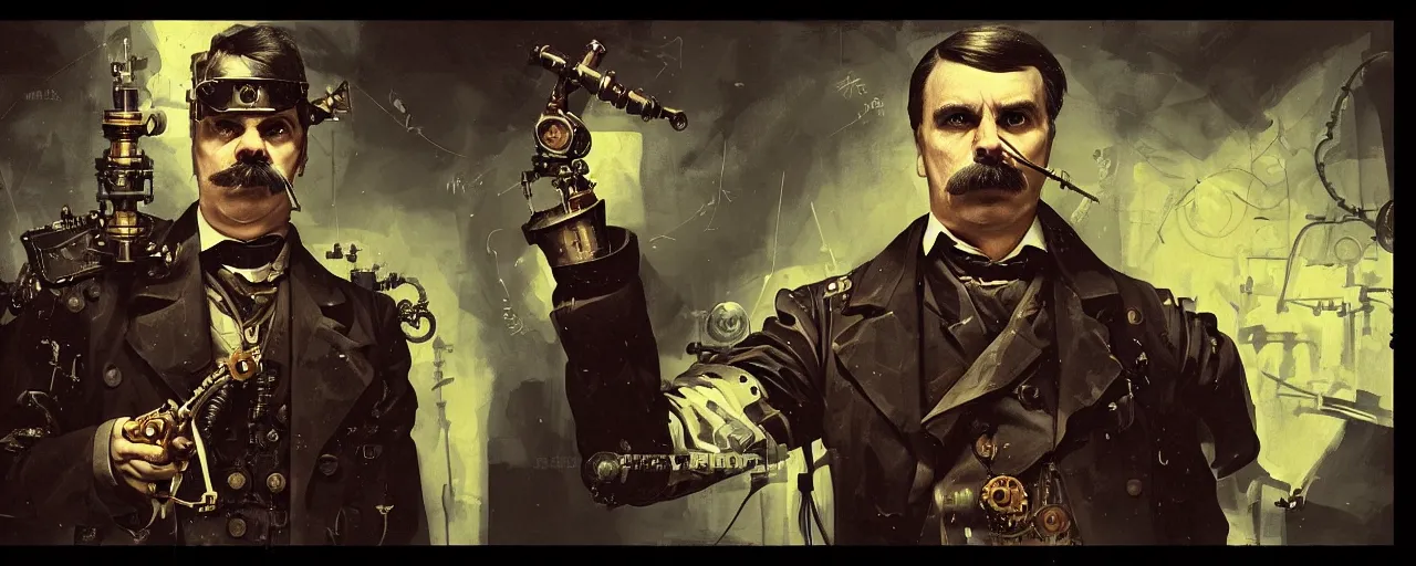 Image similar to duotone dark concept illustration 3 / 4 portrait of friedrich nietzsche as steampunk cyborg with dynamite in his hand. highly detailed mechanism cinematic lighting. fibonacci golden ratio accidental renaissance. by sachin teng and sergey kolesov and ruan jia and heng z. graffiti art, scifi, fantasy, hyper detailed. octane render. concept art. trending on artstation