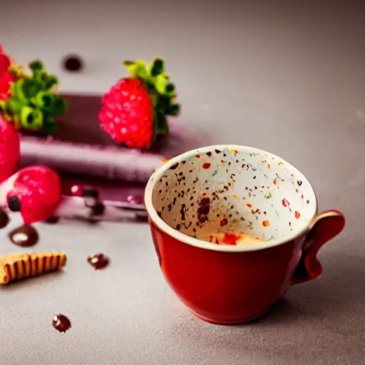 Prompt: extremely delicious looking photo of sweet desert in fancy stylish cup, very expensive top quality product, michelin star, most perfect desert on the world, small manufacture, unique style, 8 k, product photography, professional studio photography