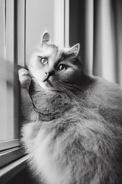 Image similar to “ fluffy grey cat lying on cat tree near window, cozy living room, warm, cotton, dramatic lighting, extremely high quality, leica m - a, lux 3 5 fle, portra 8 0 0 ”