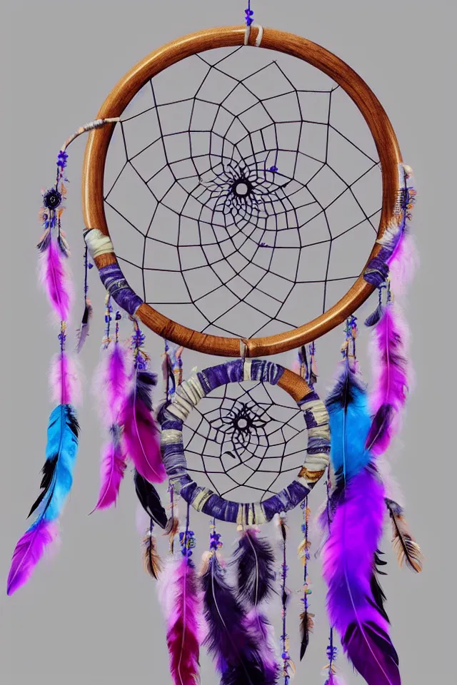 Image similar to a beautiful and intricate dreamcatcher made from bone and gnarled wood and blue and purple feathers, twisting, twirling, loops, hexagonal shapes, concept art, highly detailed, realistic, ornate, fine detail, 4k, octane render, vray, unreal engine