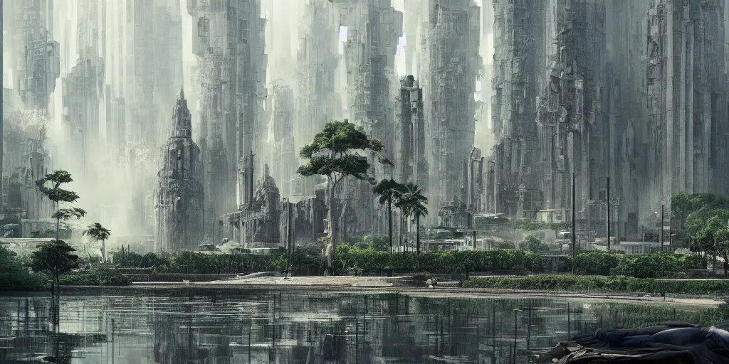 Image similar to city and temples, but with trees and water, arab architectural and brutalism and gigantism, composition idea concept art for movies, style of denis villeneuve and greg fraiser