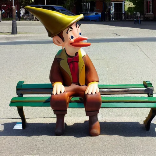 Prompt: pinocchio stuck on a bench with the long nose