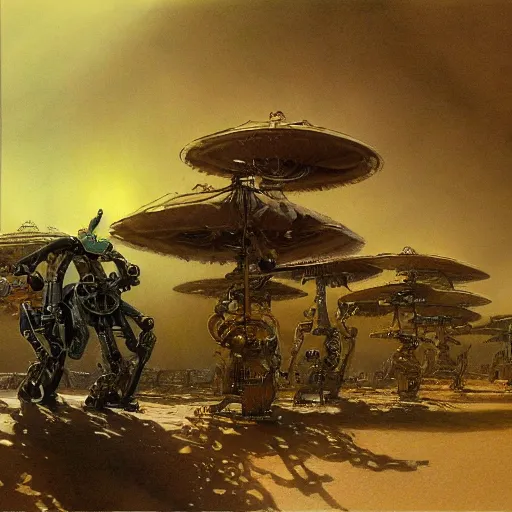 Image similar to orchestral music played by robots, painted by alan lee, john howe, pixiv, deviantart, artstation illustration, realistic