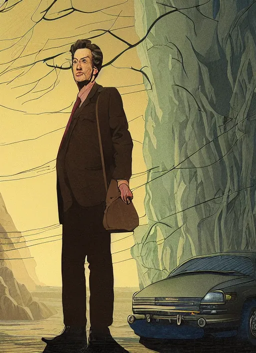 Prompt: Twin Peaks poster artwork by Michael Whelan and Tomer Hanuka, Karol Bak, Rendering of Rusty Tomasky, a traveling musician, and tells him about the Black Lodge and his desire to harness its evil power, from scene from Twin Peaks, clean, full of details, by Makoto Shinkai and thomas kinkade, Matte painting, trending on artstation and unreal engine