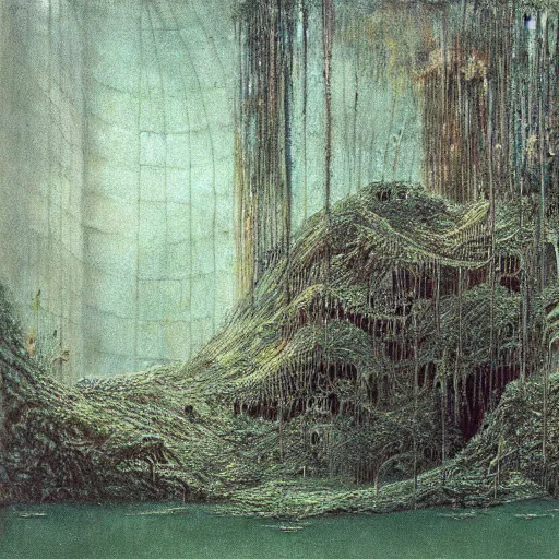 Image similar to flooded overgrown interior of boeing, matte painting, oil painting, by beksinski and moreau