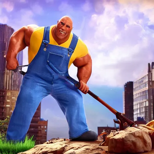 Image similar to a big old fancy man named the rock he is here to help clean your post modern living room a bunch of clorox bleach in his overalls photo realistic cinematic lighting