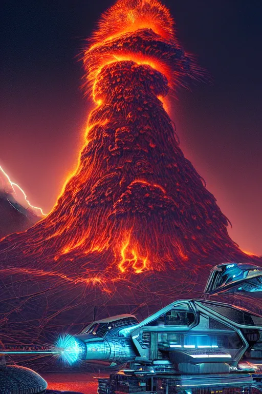 Image similar to a hyper - detailed 3 d render by kilian eng and toshi yoshida and franklin booth showing a futuristic powerstation!! in front of a ( ( exploding volcano ) ), vintage scifi, high details, dramatic lightning,, 8 k