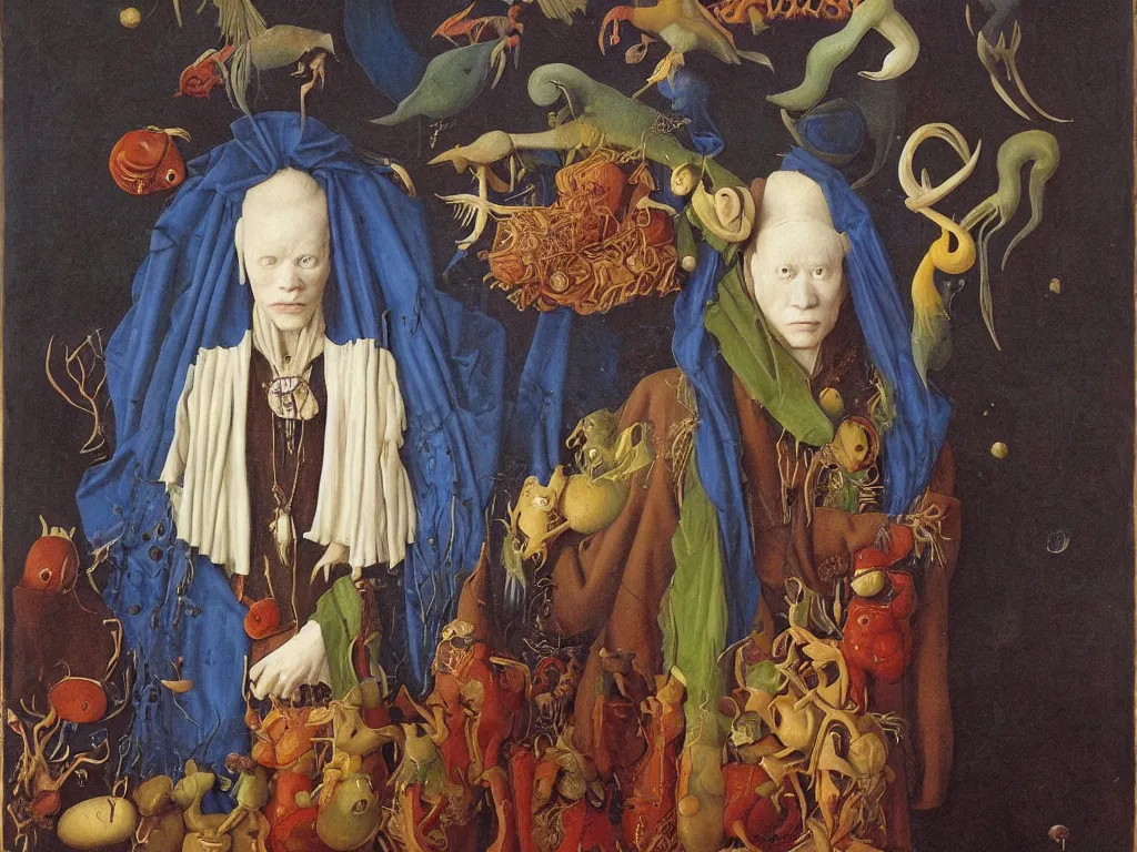 Image similar to Portrait of albino mystic with blue eyes, with exotic beautiful giant leeches. Painting by Jan van Eyck, Audubon, Rene Magritte, Agnes Pelton, Max Ernst, Walton Ford