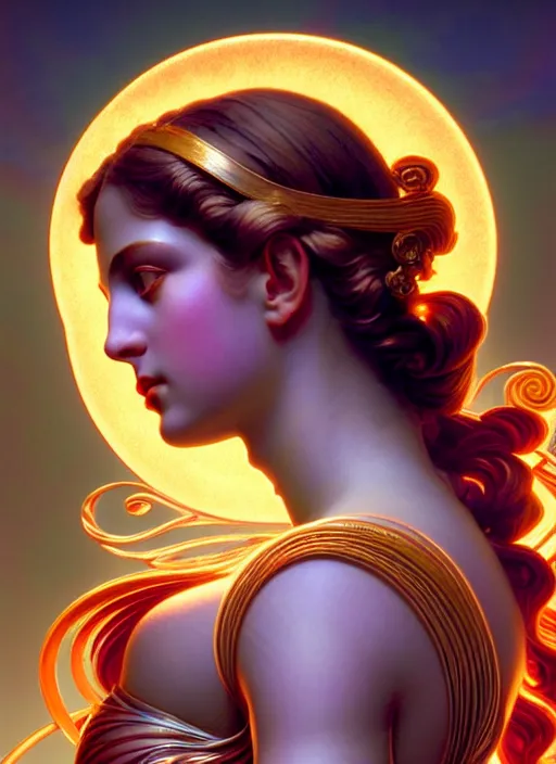 Image similar to side portrait aphrodite from antique greece, greek goddess, gloomhaven, soft, smooth, luminescent, art nouveau tarot, backlit glow, colorful swirly ripples, gaudy colors, aesthetic octane render, unreal engine, 8 k, by artgerm, greg rutkowski, alphonse mucha