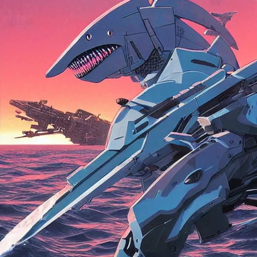 Prompt: shark gundam, amphibious combat mecha stepping onto a beach holding a scifi weapon, over - under shot, realistic, cyborg assassin by wayne barlowe, pascal blanche, victo ngai
