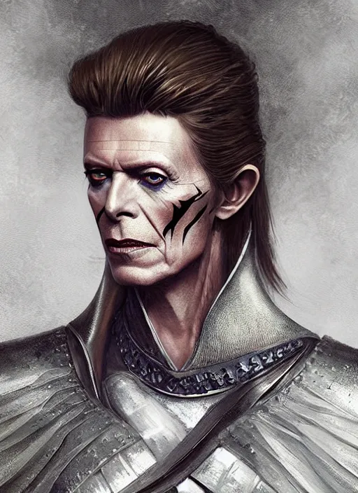 Image similar to david bowie as medieval prince, intricate, elegant, highly detailed, digital painting, artstation, concept art, smooth, sharp focus, illustration, game of thrones, art by greg rutkowski and alphonse mucha and aleksi briclot