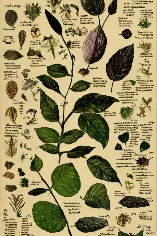 Image similar to scan of the leaves of an old cursed herbarium, by walt disney, infographic, textbook, marginalia, cursed, alien, plant specimens, hortorium, scientific study