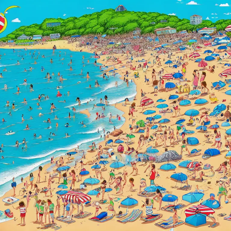 Image similar to high detailed full page spread from the where's waldo at a densely populated beach, high angle medium wide, waldo in the top right of frame, high detail illustration, coherent