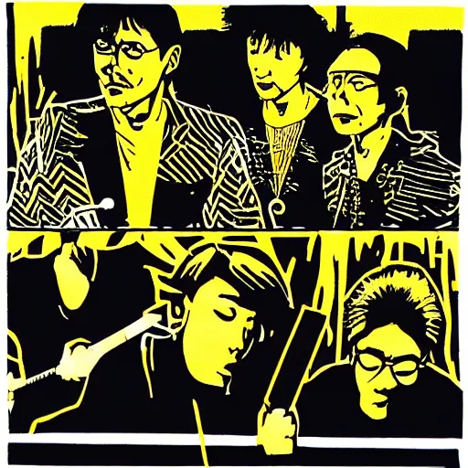 Prompt: a linocut engraving of yellow magic orchestra playing a concert