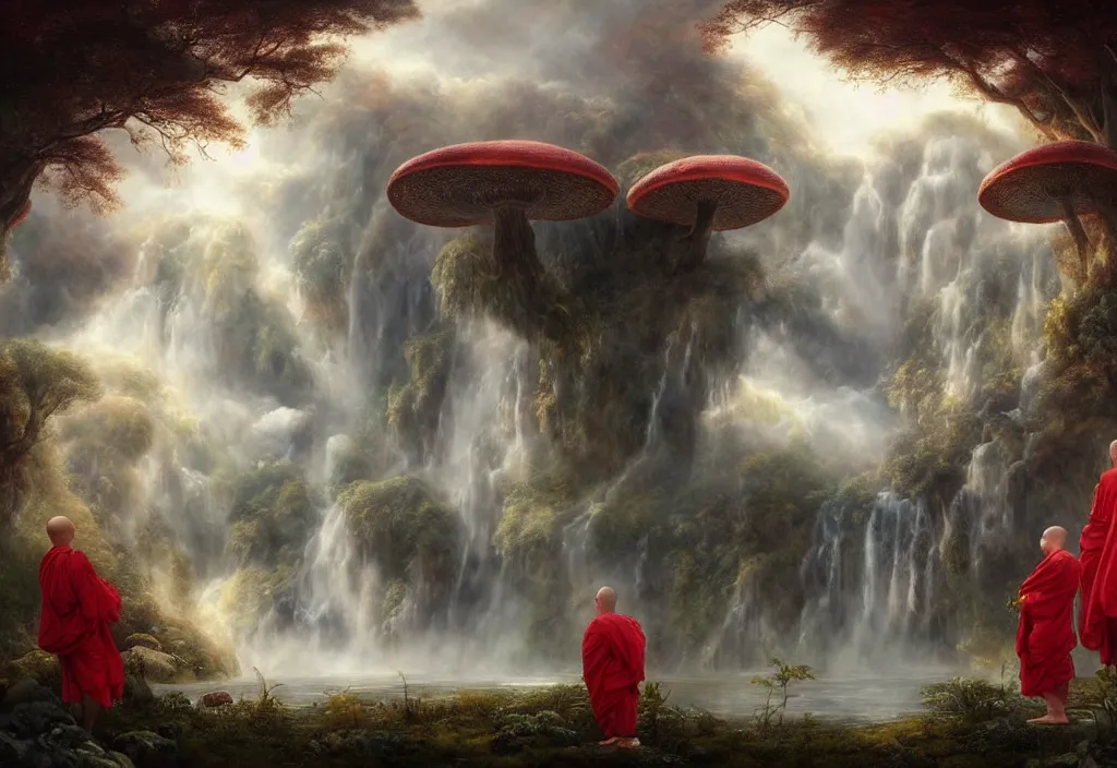 Image similar to floating lands in-clouds, foggy, volumetric fog, flying whales, sun beams, blooming, bird flocks!!, giant mushrooms, waterfalls, monks in red robes; by Tom Bagshaw, Ivan Shishkin, Hans Thoma, Asher Brown Durand