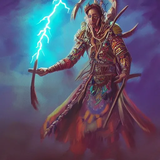 Image similar to shaman casting a lightning spell, d & d style, trending on artstation, colorful, intricate, art by kev chan