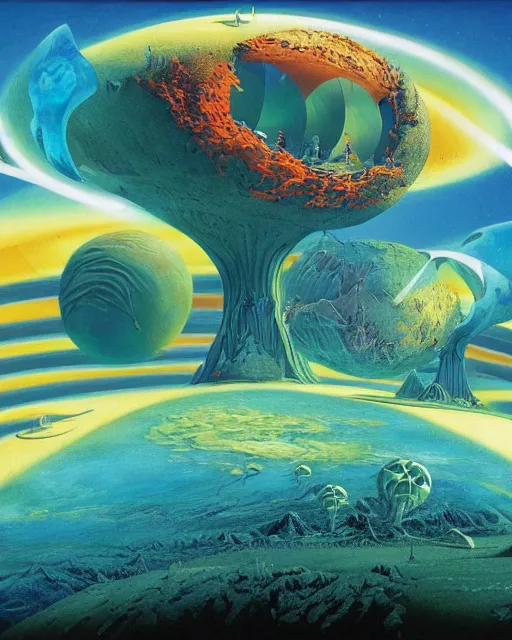 Image similar to rave party on a blue planet by roger dean, biomechanical, 4 k, hyper detailed