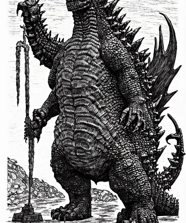 Image similar to godzilla as a d & d monster, full body, pen - and - ink illustration, etching, by russ nicholson, david a trampier, larry elmore, 1 9 8 1, hq scan, intricate details, stylized border