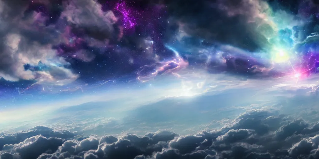 Image similar to Cosmic inflation bubbles peaking through the clouds, above the layer of clouds is a council of ascended masters, rays of consciousness, concept art, matte painting, 8k, highly detailed, artstation, light being, high quality,