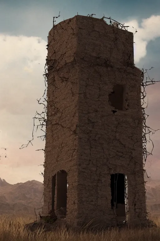 Image similar to an old decaying tower in the middle of a vast desert, fantasy, hyper realistic, atmospheric lighting, 8k,