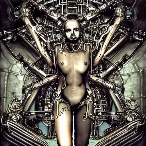 Prompt: britney spears encased in biomechanical machine, heavy conduits, complex scene, rich composition, heavy in detail, evil, corruption, decay, grime, sharp focus, airbrush, illustration, symmetrical, portrait, art by h. r. giger