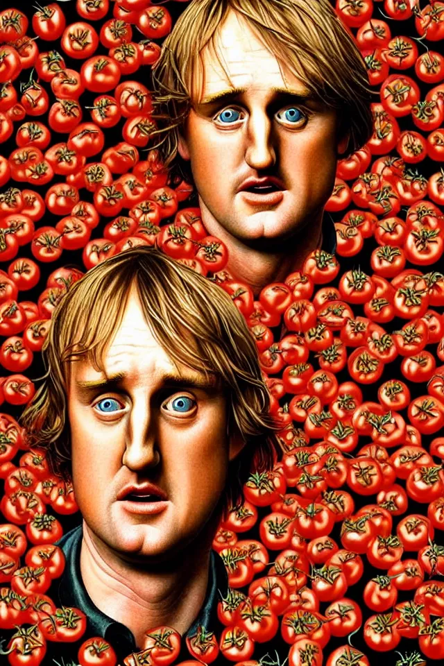 Image similar to bizarre renaissance portrait of owen wilson in a sea of thousands of highly detailed tomatos, dramatic cinematic lighting, 8 k, beautiful intricate pop - art painting