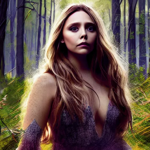 Image similar to Elizabeth Olsen, fantasy, nymph, clothed, forest, digital art