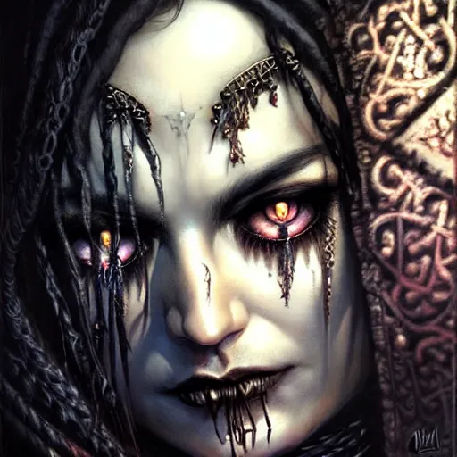 Image similar to portrait of a gypsy queen grim dark, dark, piercing eyes, exotic expression, esoteric clothing, photorealistic, highly detailed, mysterious lighting, artstation, smooth, sharp focus, art by michael whelan, artgerm, greg rutkowski and luis royo