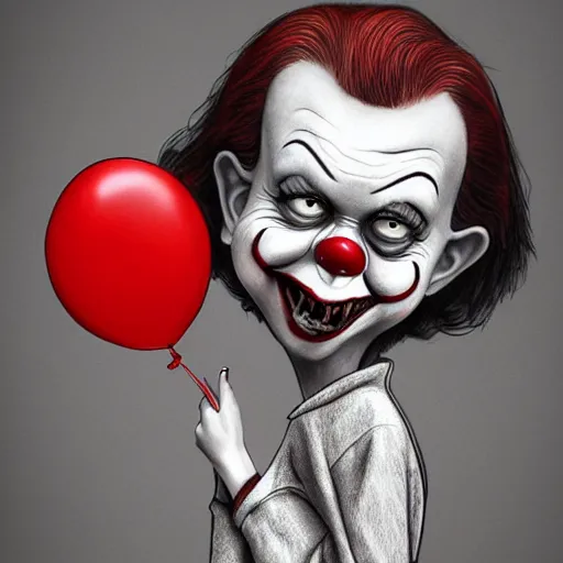 Image similar to surrealism grunge cartoon portrait sketch of millie bobby brown with a wide smile and a red balloon by - michael karcz, loony toons style, pennywise style, horror theme, detailed, elegant, intricate