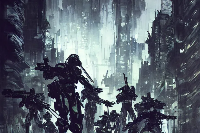 Image similar to a epic yoji shinkawa painting of the clone wars happening in the city of terra, gritty tech, deep focus, fantasy, intricate, elegant, highly detailed, digital painting, artstation, concept art, matte, sharp focus, illustration, dark fantasy style art, resident evil, art by artgerm and greg rutkowski and alphonse mucha