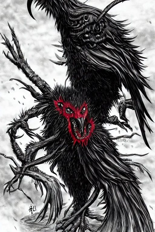 Image similar to raven monster, red eyes, highly detailed, digital art, sharp focus, trending on art station, kentaro miura manga art style