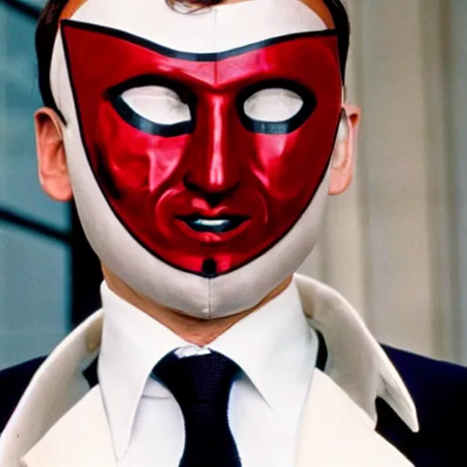 Prompt: Emmanuel Macron wearing a venitian mask in American Psycho (1999)