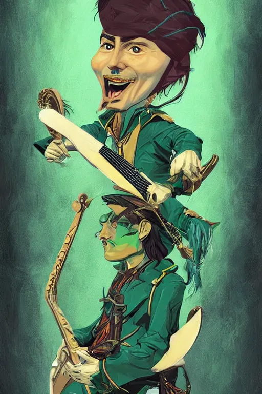 Image similar to Breathtaking comic book style of Johny Depp portrayed as a Dungeons and Dragons bard, playing the lute and wearing a pale green jacket in the style of ilya kuvshinov