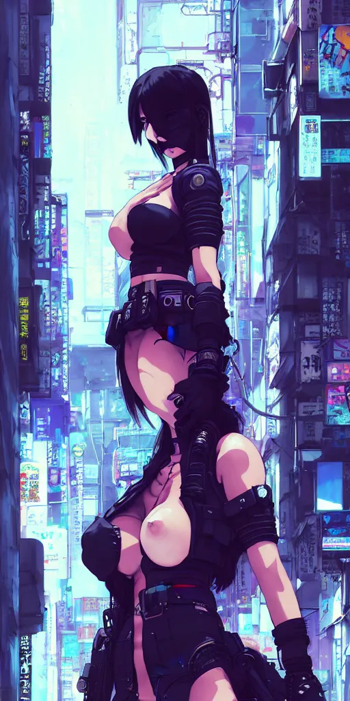 Image similar to hyper - realistic cyberpunk portrait of beautiful! anime woman standing on tokyo street, extreme detail, alluring, in style of yoji shinkawa, pan ren wei, col price, atey ghailan, by greg rutkowski, by greg tocchini, by james gilleard, by joe fenton, by kaethe butcher, grunge aesthetic