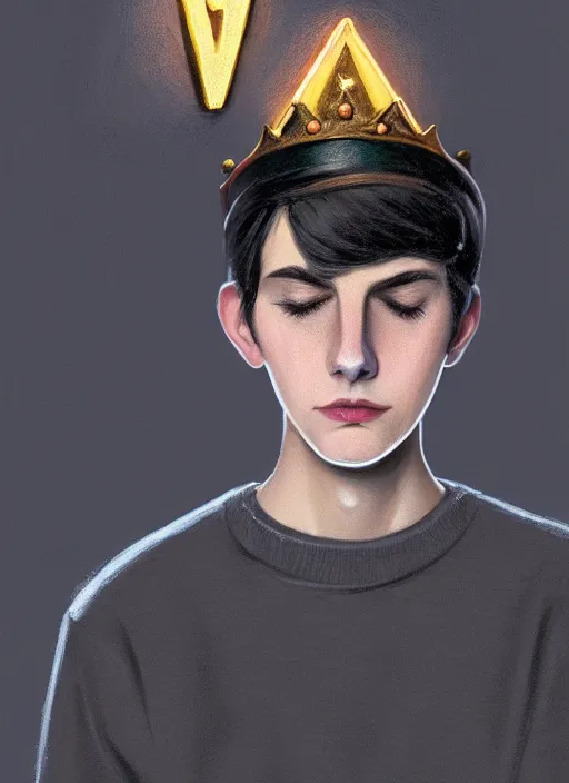 Image similar to portrait of teenage jughead jones wearing a light grey crown, photorealistic, crown, eyes closed, crown, black hair, sweater with letter s on it, letter s, intricate, elegant, glowing lights, highly detailed, digital painting, artstation, concept art, smooth, sharp focus, illustration, art by wlop, mars ravelo and greg rutkowski