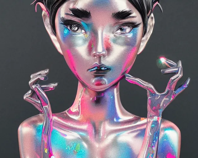 Image similar to James Jean isolated cheerful tomboy vinyl figure, enticing figure photography, dynamic pose, artistic and delicate form, holographic undertones, glitter accents on figure, anime stylized, accurate proportions, high detail, ethereal lighting - H 640