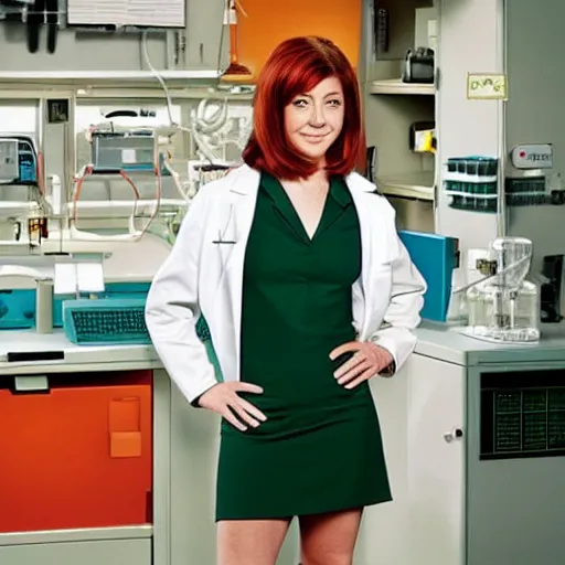 Image similar to full body photo of alyson hannigan as a scientist on a a lab, very detailed face