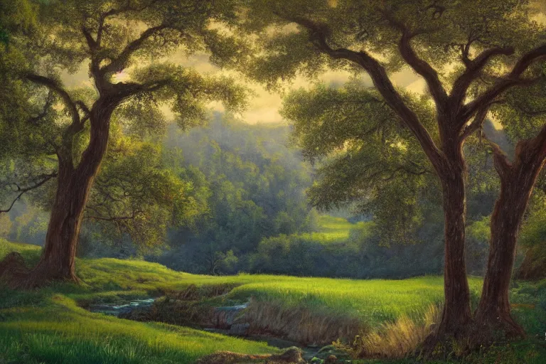 Prompt: masterpiece painting of oak trees on a hillside overlooking a creek, dramatic lighting