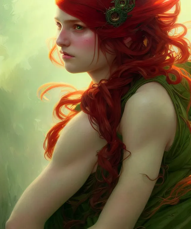 Prompt: Fae teenage girl, portrait, face, long red hair with green highlights, fantasy, intricate, elegant, highly detailed, digital painting, artstation, concept art, smooth, sharp focus, illustration, art by artgerm and greg rutkowski and alphonse mucha