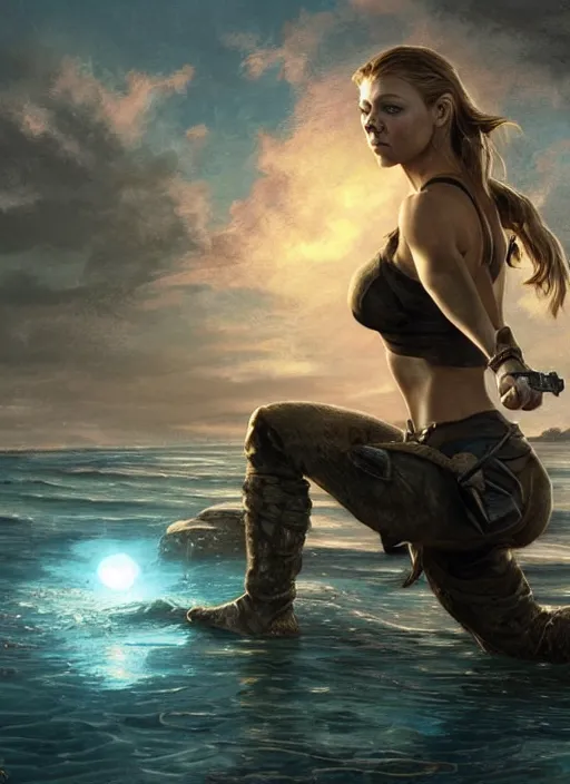 Prompt: Natalie Dormer as Lara Croft as a ruggedly handsome heroine kneeling next to a glowing artifact lodged in shallow water, intricate, elegant, highly detailed, artstation, concept art, smooth, sharp focus, illustration, bokeh art by artgerm and donato giancola and Joseph Christian Leyendecker, WLOP, fireflies