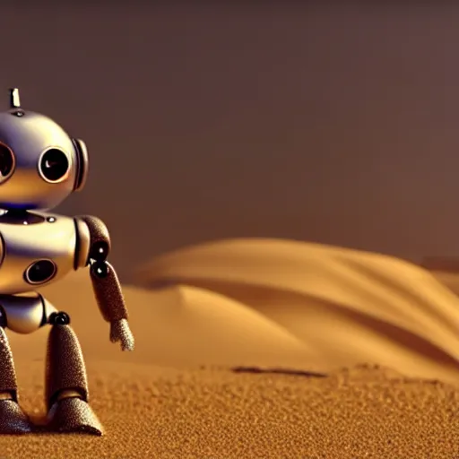 Prompt: a cute little robot is made of sand. super realistic 8 k render of a elegant, cinematic composition