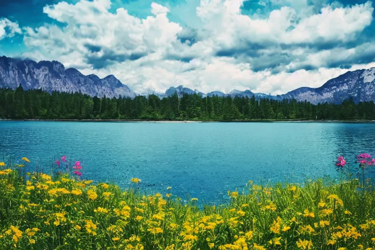 Image similar to surrounded by mountains, lake in the middle, small island in the middle of the lake, the island is full of flowers, movie texture, 8 k, rich details