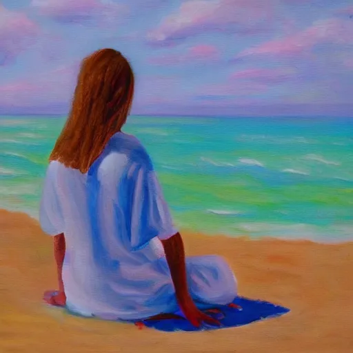 Prompt: freckled woman meditating on beach in caribbean, oil on canvas