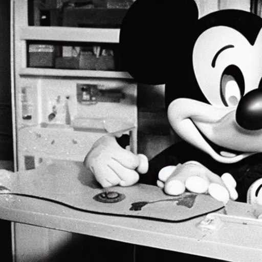 Image similar to photo of mickey mouse ’ s autopsy, black and white, wide angle