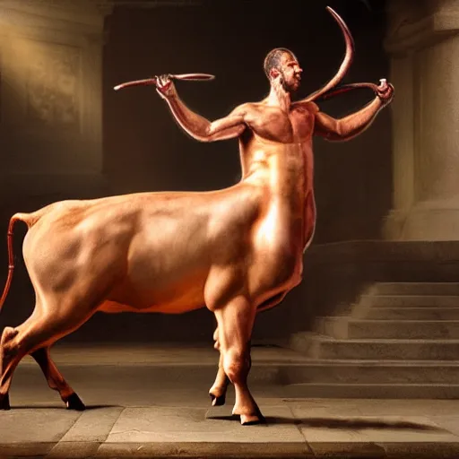 Image similar to realistic photo of a minotaur. body of a man and the head of a bull. hd