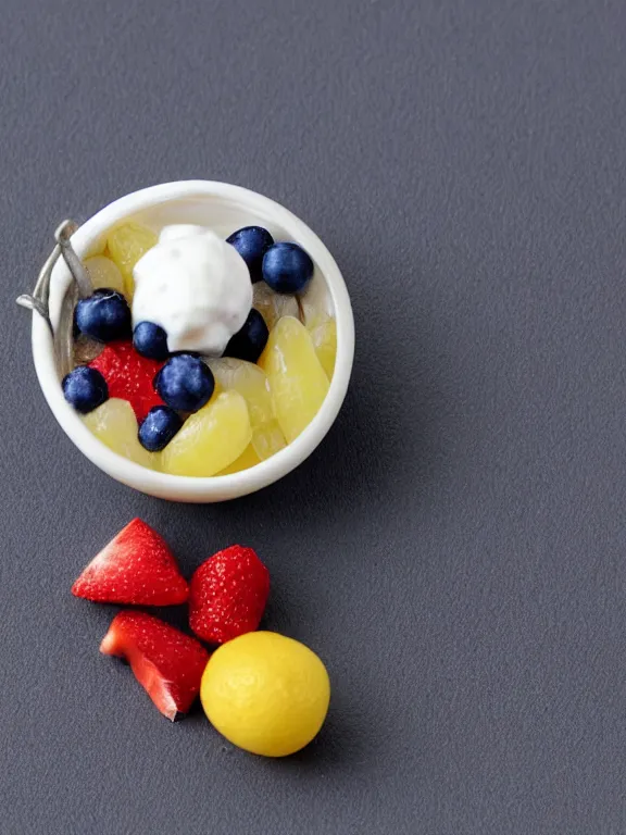 Prompt: miniature diorama of yogurt with fruits