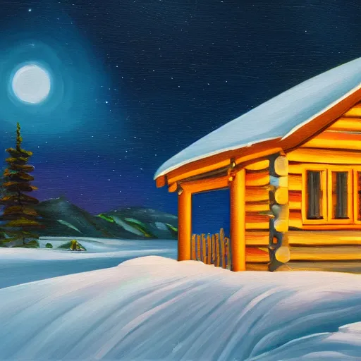 Image similar to an oil painting of a small log cabin in a snow covered, mountainous landscape below a night sky displaying the northern lights, mountains in the background, trending on artstation